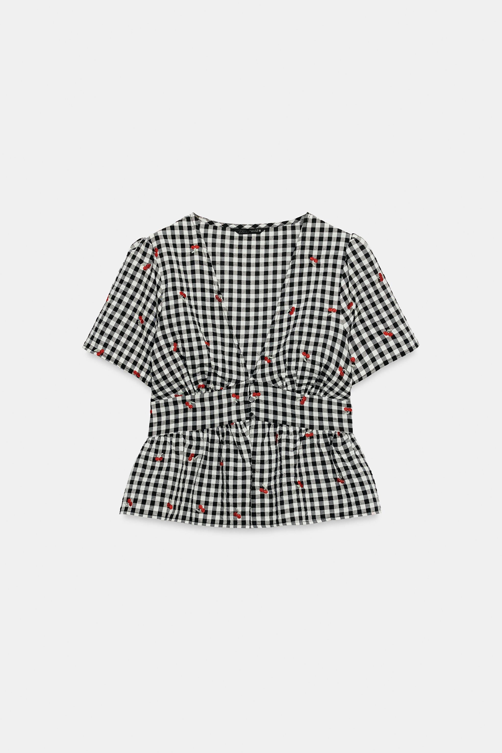 CHERRY EMBROIDERED GINGHAM TOP